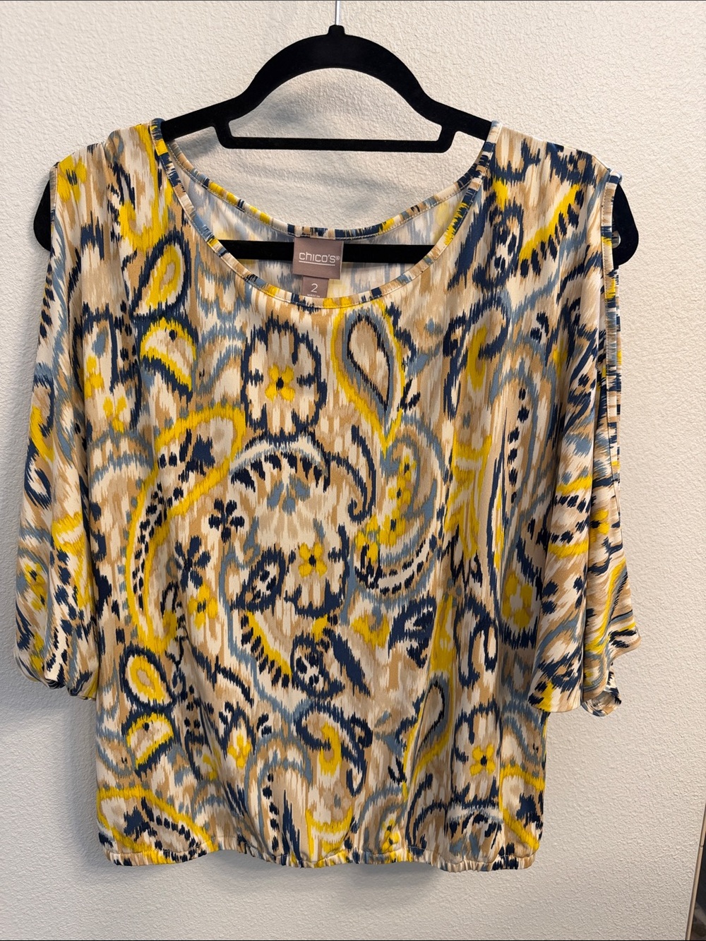 Chico's Yellow Navy Cream Paisley Scoop-Neck Blouse